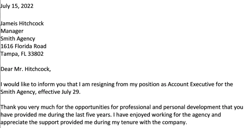 Letter of Resignation